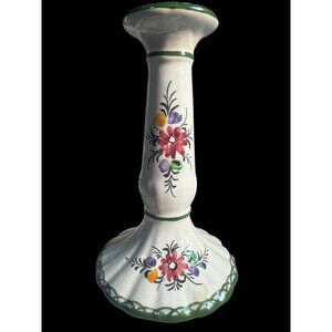 Vintage Portugal Candlestick Taper Holder Hand Painted Floral 7” Signed